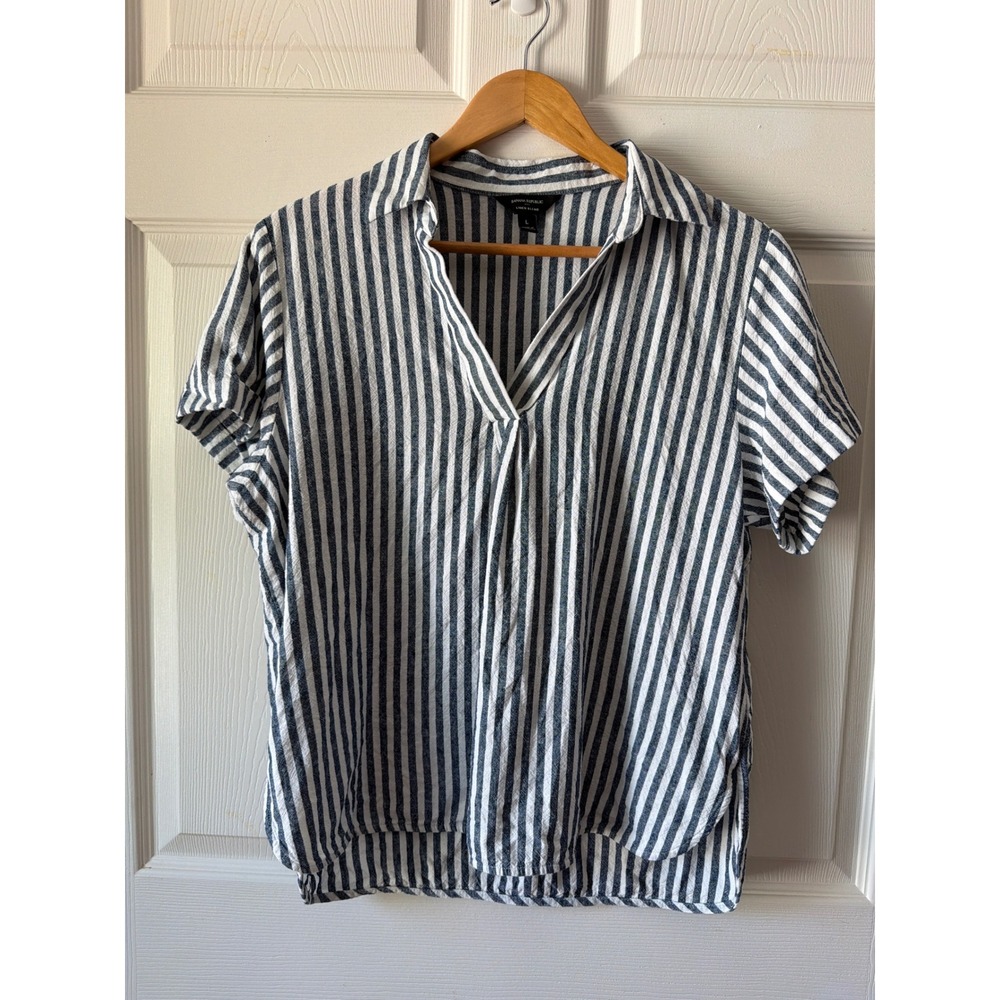 Banana Republic Linen Blend Popover Top L Blue White Striped Coastal Casual